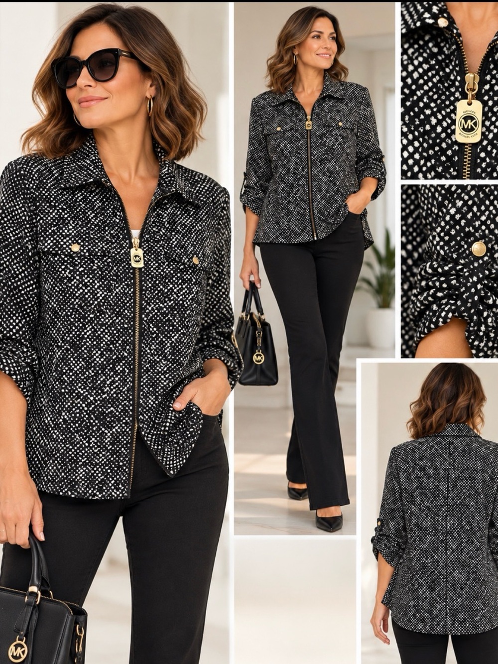 Michael Kors Black & White Tweed Zip Jacket with Gold MK Hardware